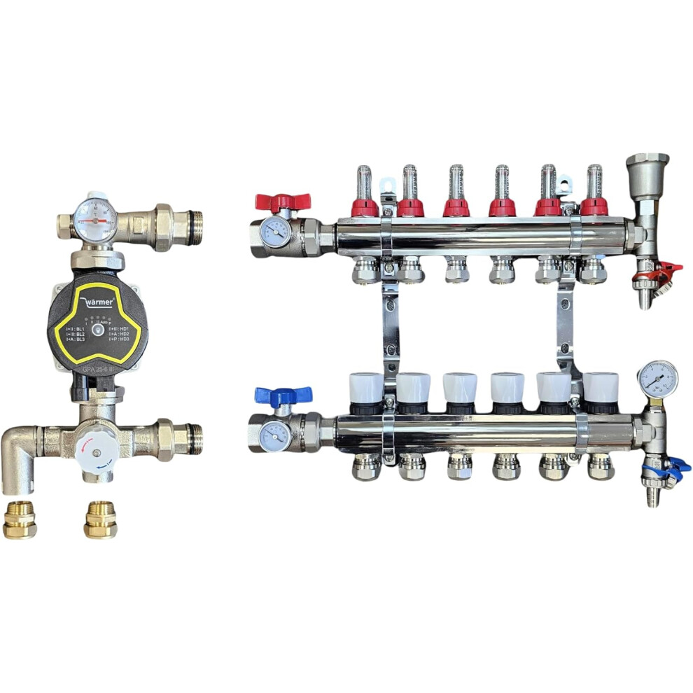 (6 PORT) Wärmer System  Underfloor Heating Manifold with 'A' Rated Auto Pump GPA25-6 III and Blending Valve Set