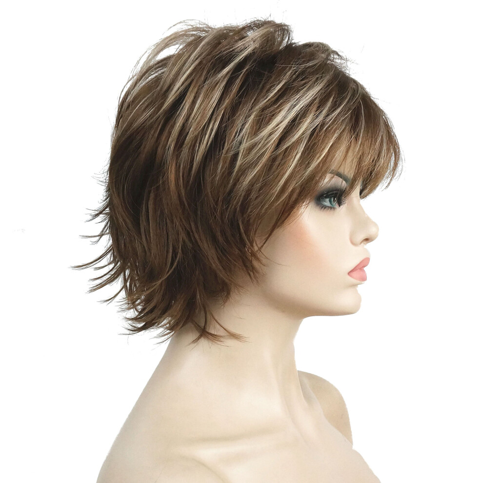 Lydell Unisex Brown Short Layered Shaggy Full Synthetic Wig Wigs 12Tt26 Highlights