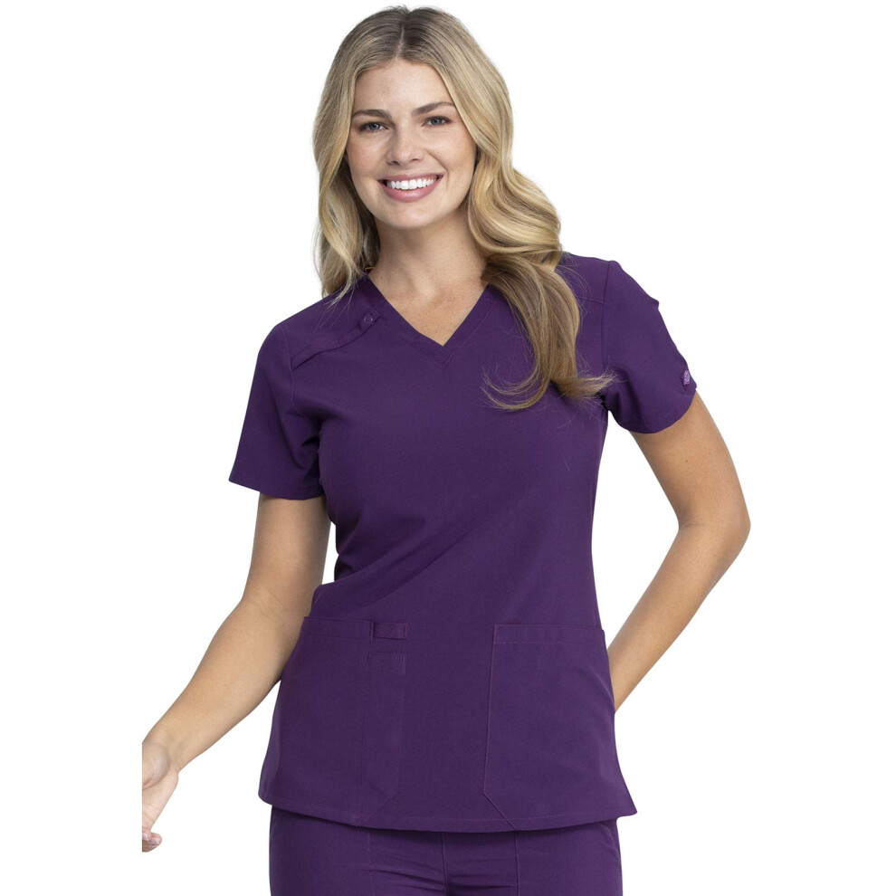 Dickies EDS Essentials Scrubs, V-Neck Womens Tops with Four-Way Stretch and Moisture Wicking DK615, L, Eggplant