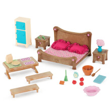 Li\'l Woodzeez Master Bedroom & Dining Set - Miniature Furniture and Kitchen Accessories - 26pc Toy Set with Bed, Table, Fridge, and More - Toys for