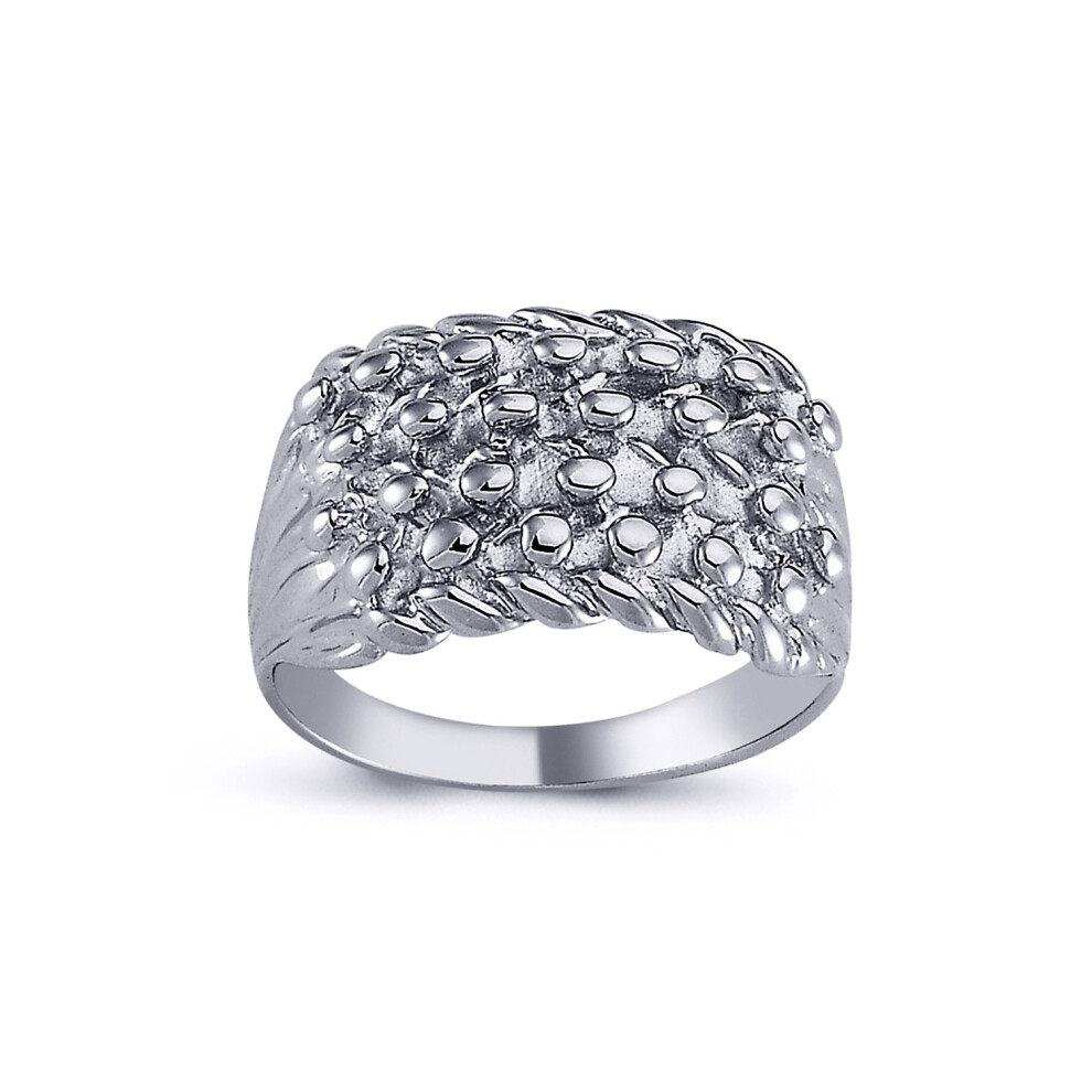 (T) Jewelco London Mens Rhodium Plated Sterling Silver King George III 4 Row Keeper Guard Ring 13mm