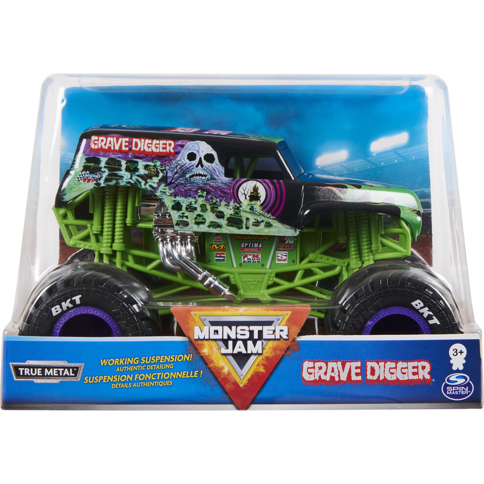 Monster Jam Official Grave Digger Monster Truck - Grave Digger Collector 1:24 Scale Die-Cast Vehicle - Chrome Rims and BKT Tread Tires For Use In All