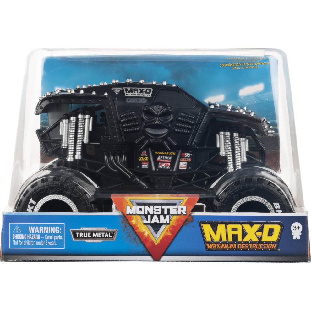 Monster Jam Official Max-D Monster Truck - Max-D Collector 1:24 Scale Die-Cast Vehicle - Chrome Rims and BKT Tread Tires for Use in All Playsets - Co