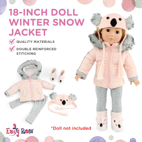 Emily Rose Roupos de boneca de 18 polegadas | 4-PC 18 """" Doll Winter Snow Jacket Coat Koala Roupet Gift Settle Inclui chap   u de malha e botas de 2