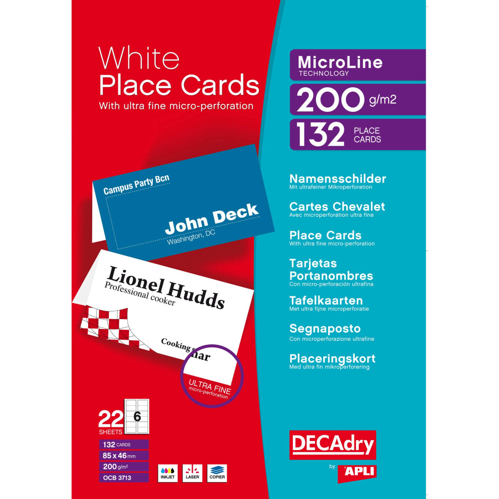 DECAdry Place Cards for Folding 200gsm 6 per A4 Sheet 85x46mm When Folded - Ref OCB3713-3 (Pack of 1(132 Cards)