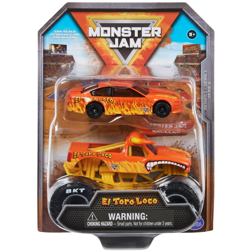 Monster Jam Official 1:64 Scale Diecast 2-Pack Monster Truck and Race Car: El Toro Loco