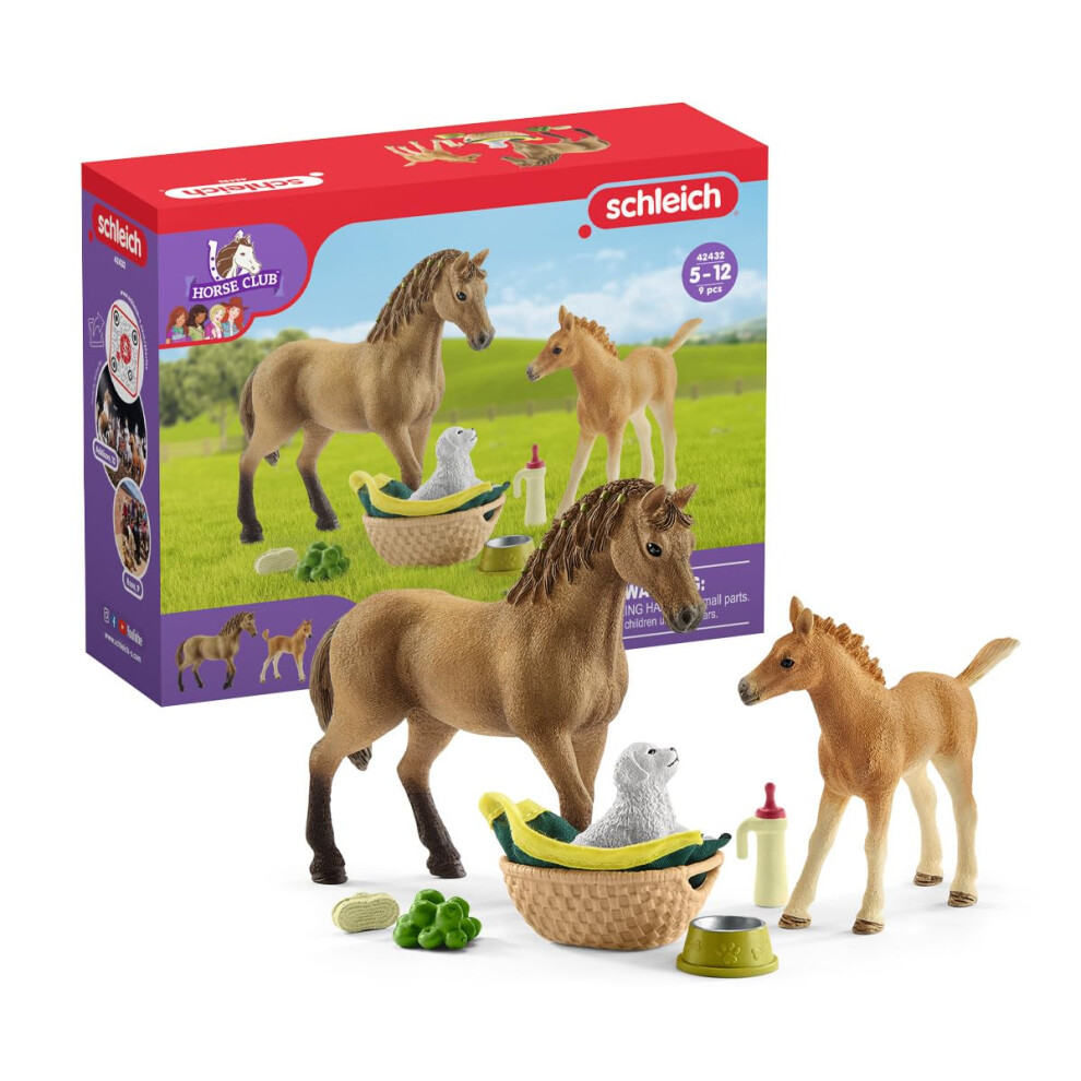 Schleich Horse Club Sarah's Baby Horse Animal Care Figurine Toy Set - Little Farm Animal Care Horse, Foal, and Puppy with Accessories Play Toy Set fo