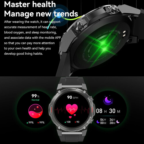 Chronus 1.43" AMOLED Military Smartwatch Men,Bluetooth Call,IP68-Black 1