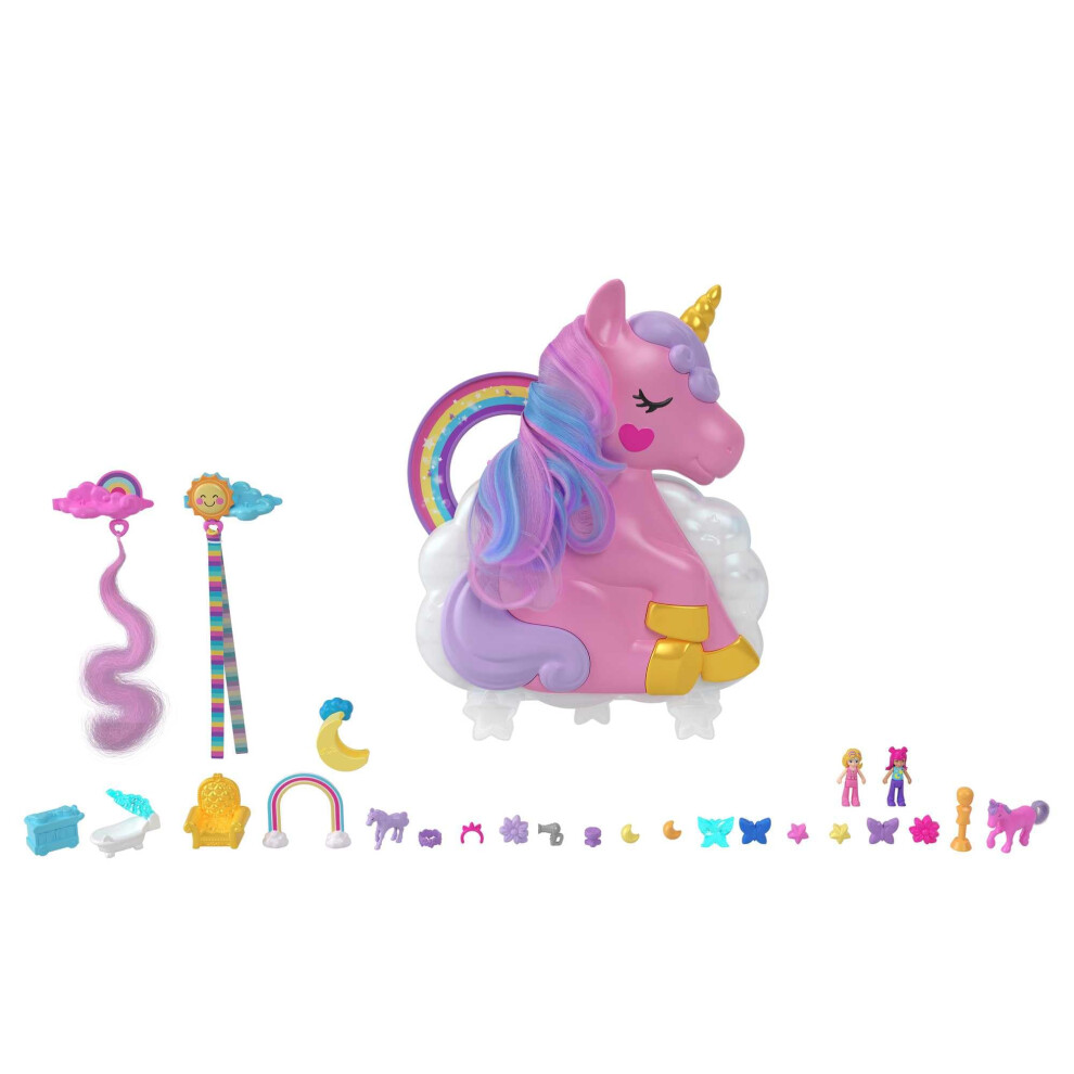 Polly Pocket 2-In-1 Travel Toy, Rainbow Unicorn Salon Styling Head with 2 Micro Dolls & 20+ Accessories