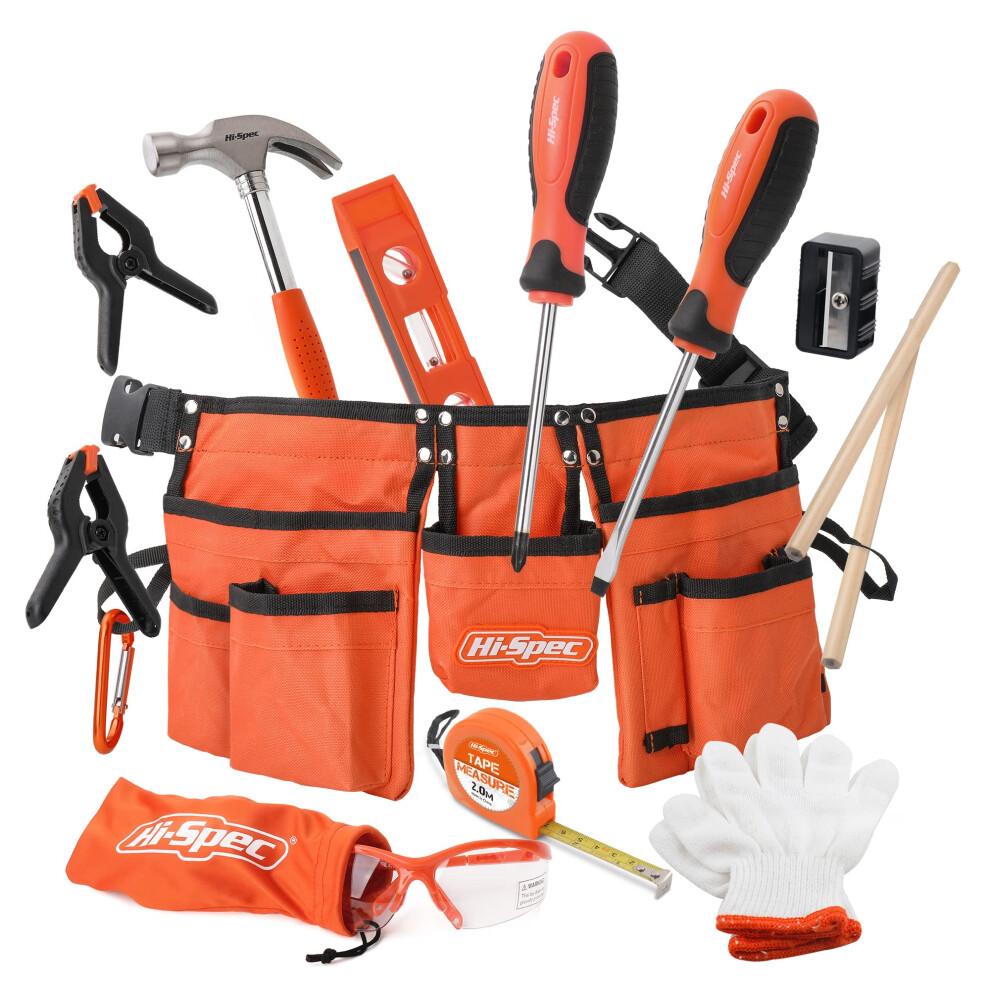 Hi-Spec 16pc Orange Kids Tool Kit Set & Child Size Tool Belt. Real Metal Hand Tools for DIY Building, Woodwork & Construction Learning Tool Kit for K