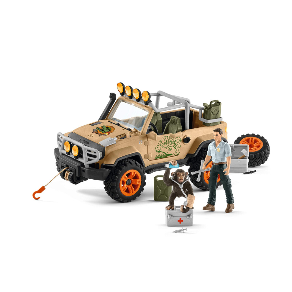 Schleich Wild Life Realistic Chimpanzee, Jeep Truck, and Ranger Figurine 16pc Playset - Wild Adventure Jeep Truck with Chimp, Ranger, and Accessories