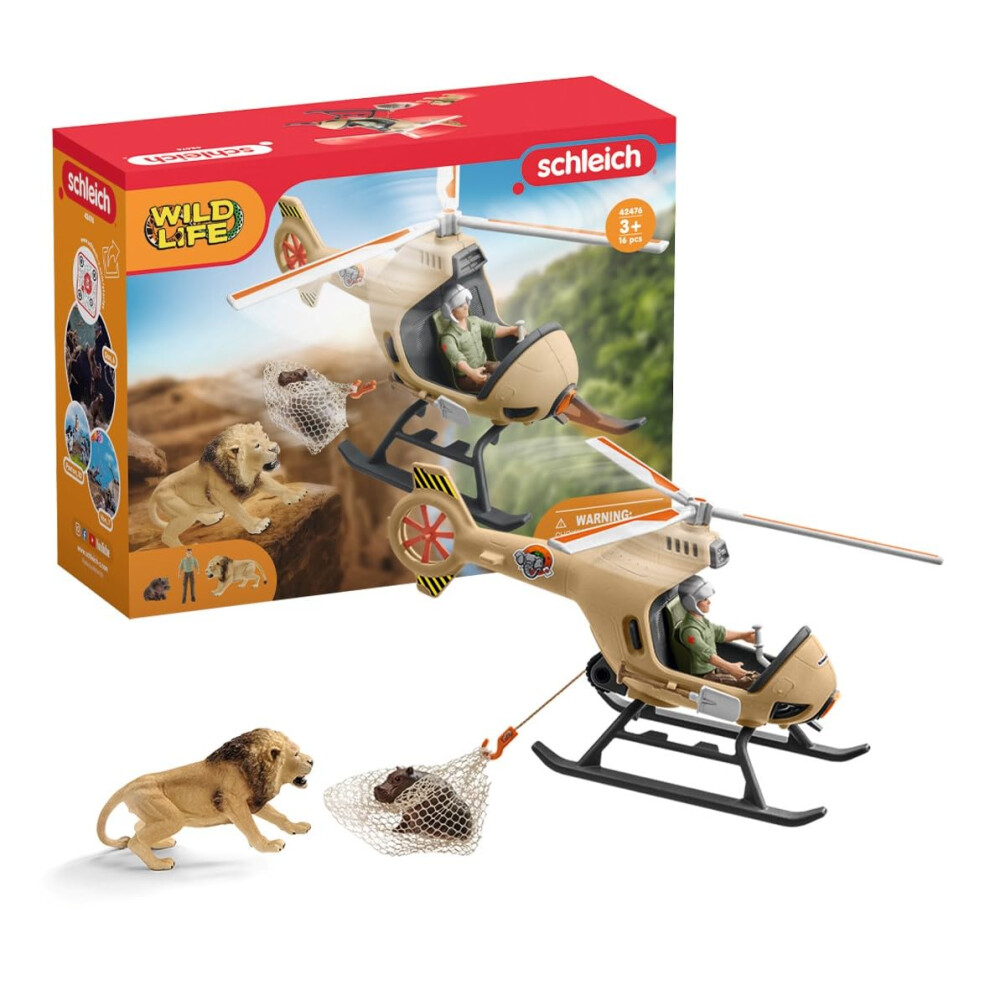 Schleich Wild Life 8pc. Animal Rescue Helicopter Playset With Lion And Hippo Figurines - Highly Detailed Wild Animal Playset, Durable For Education A