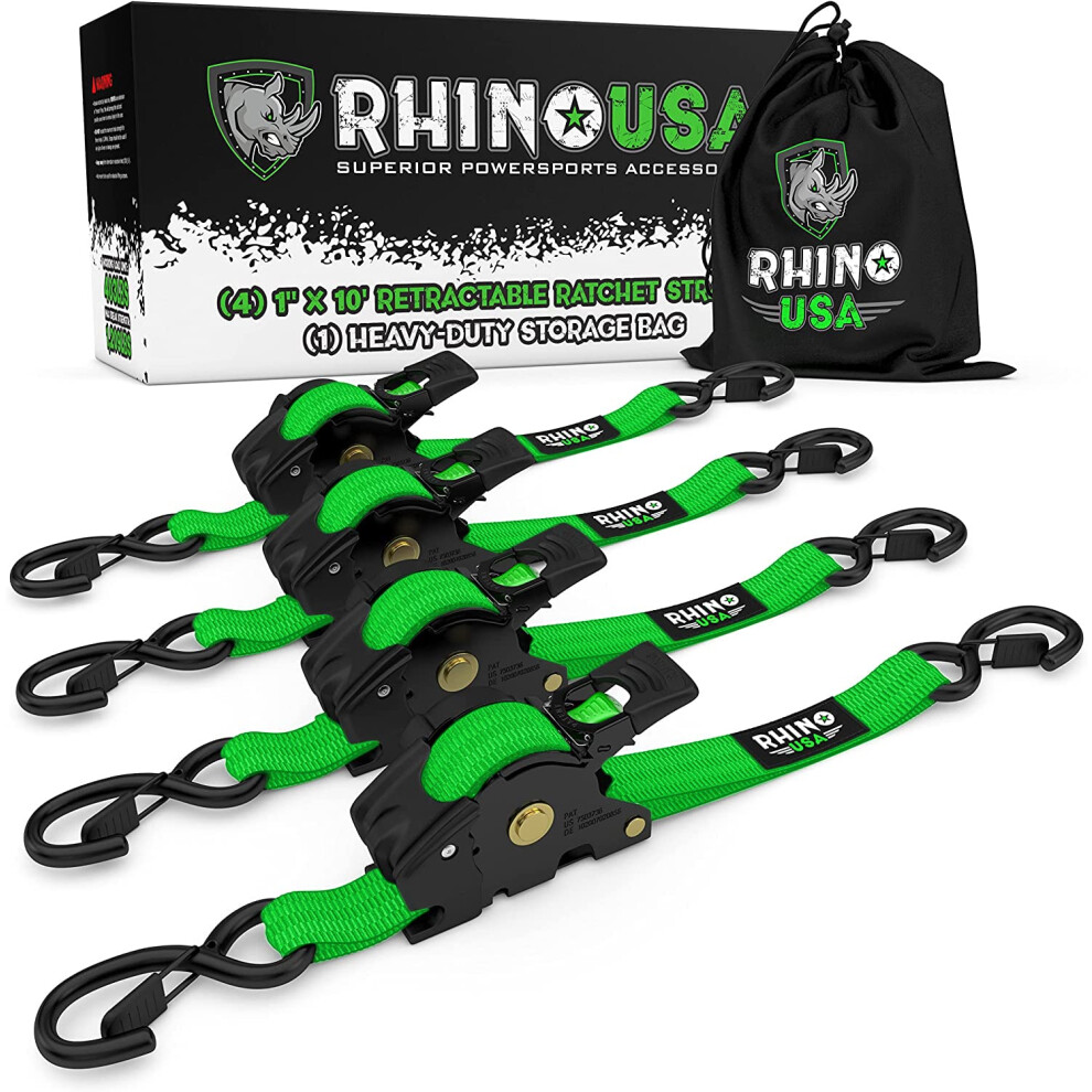 Rhino Usa Retractable Ratchet Tie Down Straps (2Pk) - 1,209Lb Guaranteed Max Break Strength, Includes (2) Ultimate 1" X 10' Autoretract Tie Downs Wit 810109891030