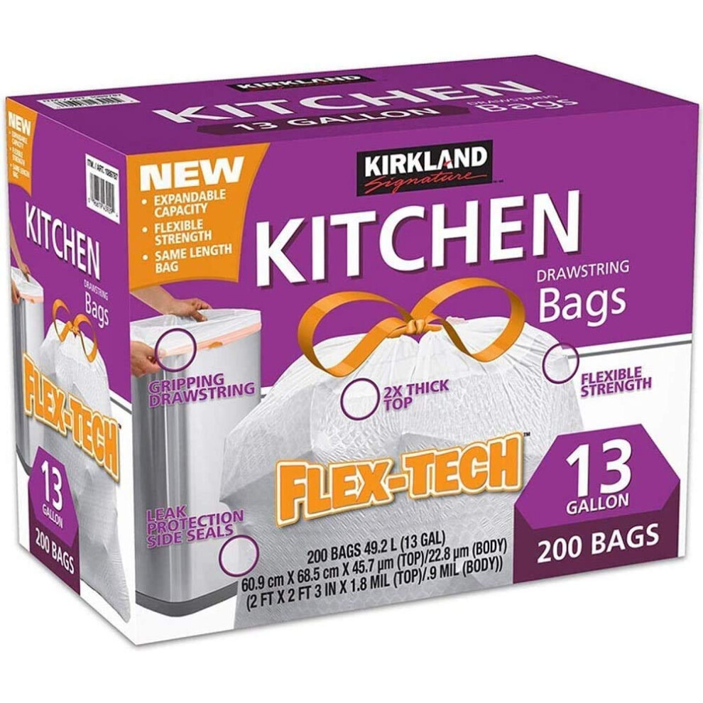 KIRKLAND SIGNATURE Drawstring Kitchen Trash Bags - 13 Gallon - 200 Count, Multicolor