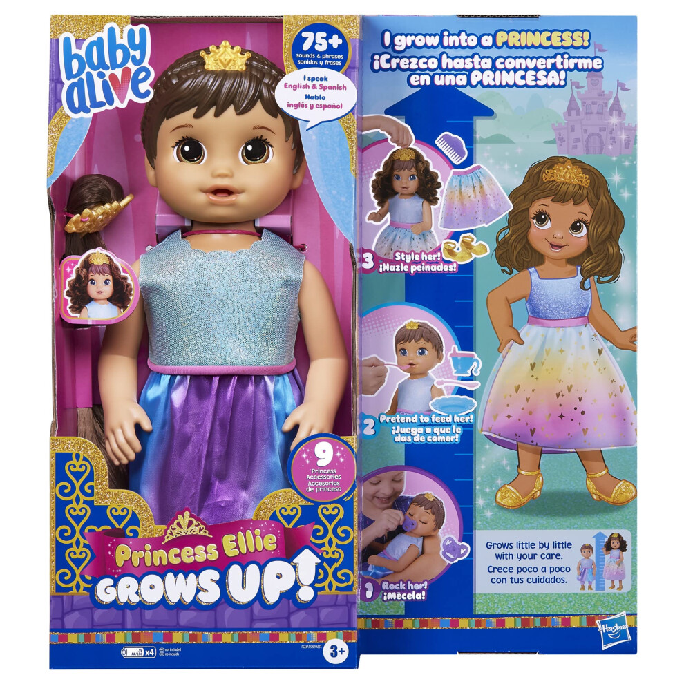 Baby Alive Princess Ellie Grows Up! Brown Hair, Interactive Doll with Accessories, Toys for 3+ Years Old Girls and Boys, 18-Inch