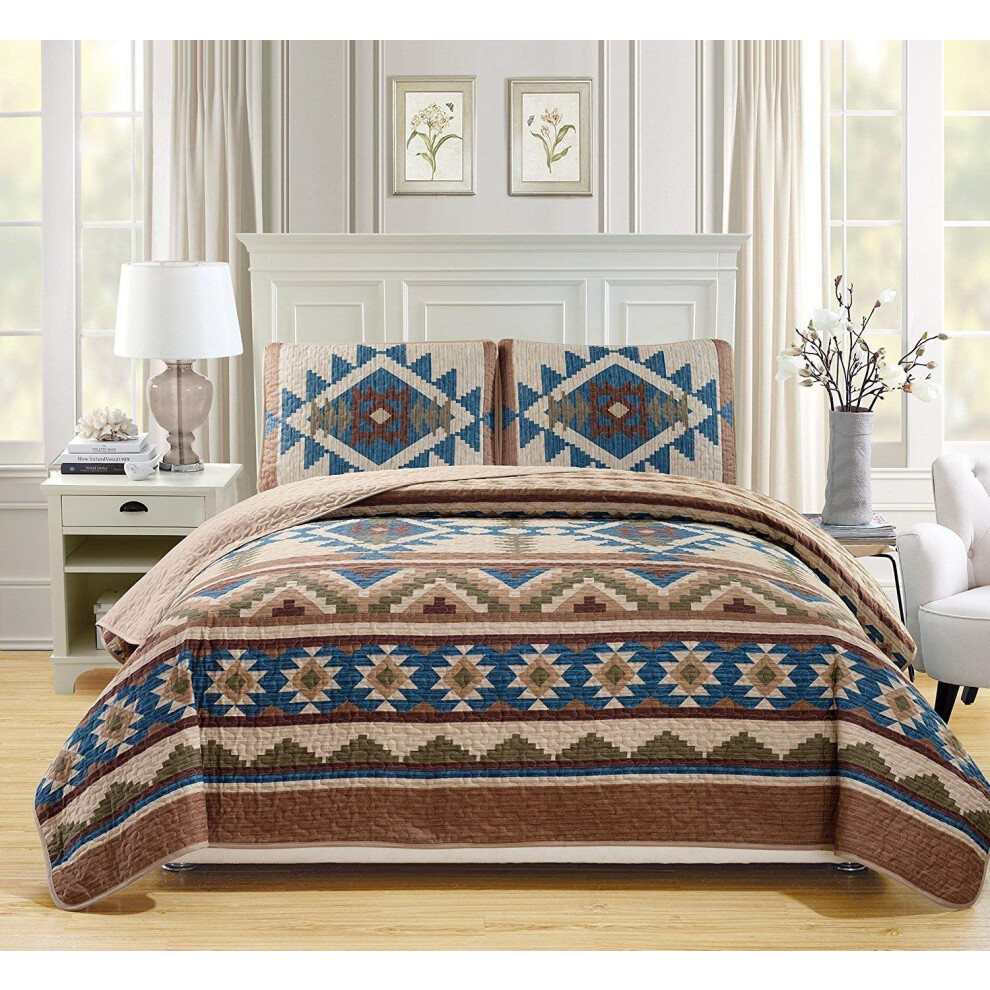 Rustic Western Southwestern Native American Tribal Navajo Design Oversized Bedspread Quilt Set in Beige Taupe Brown Blue Green Austin Taupe (Full/Que