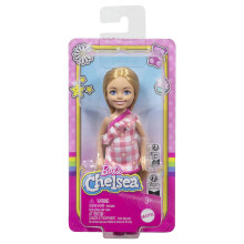 Barbie Chelsea Puppe, Kleine Puppe mit abnehmbarem kariertem Kleid & pinken Schuhen