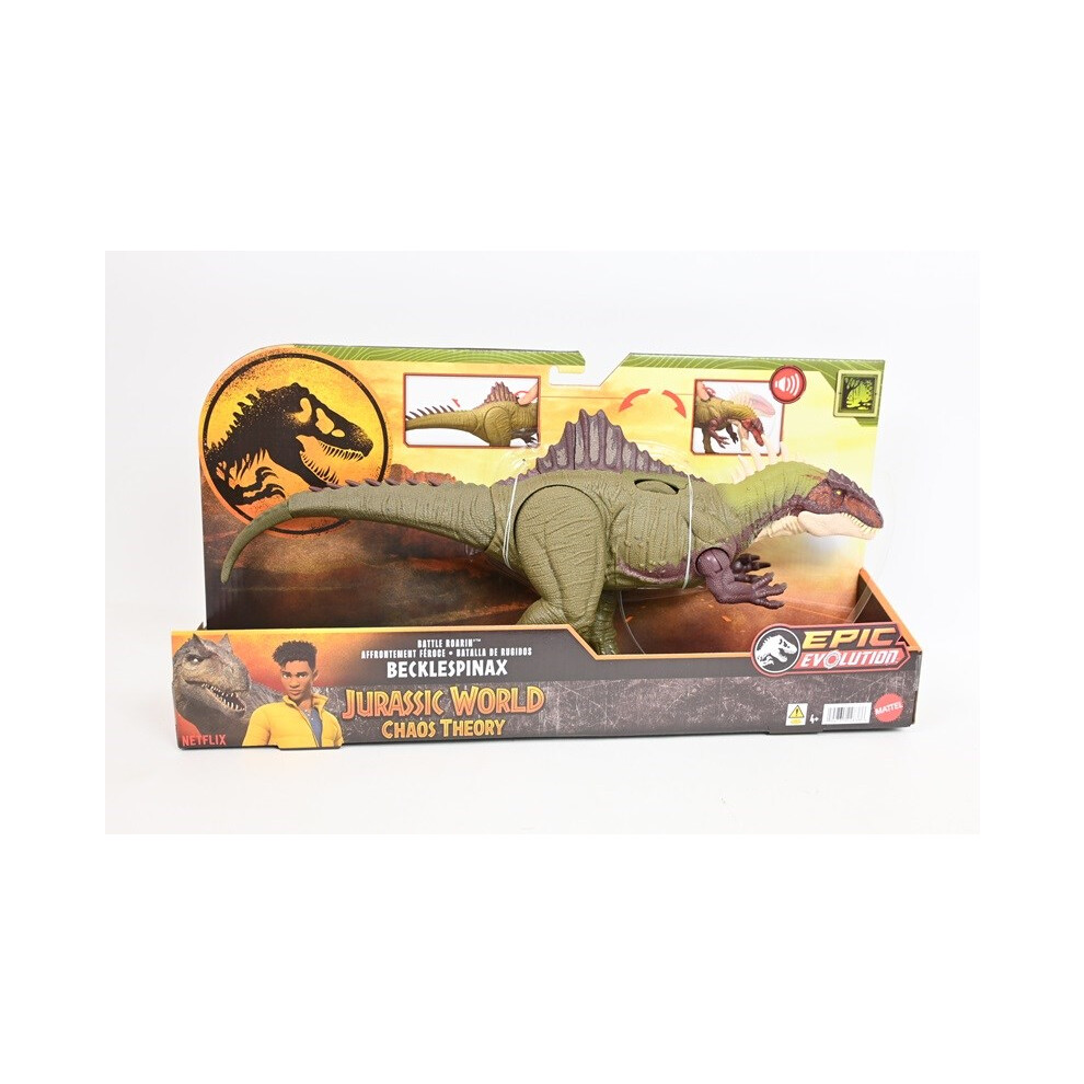 Mattel Jurassic World Chaos Theory Battle Roarin Becklespinax Dinosaurier-Actionfigur, Spielzeug, Rampage Head Strike Chomp, Br Llen Und Knurren,-image