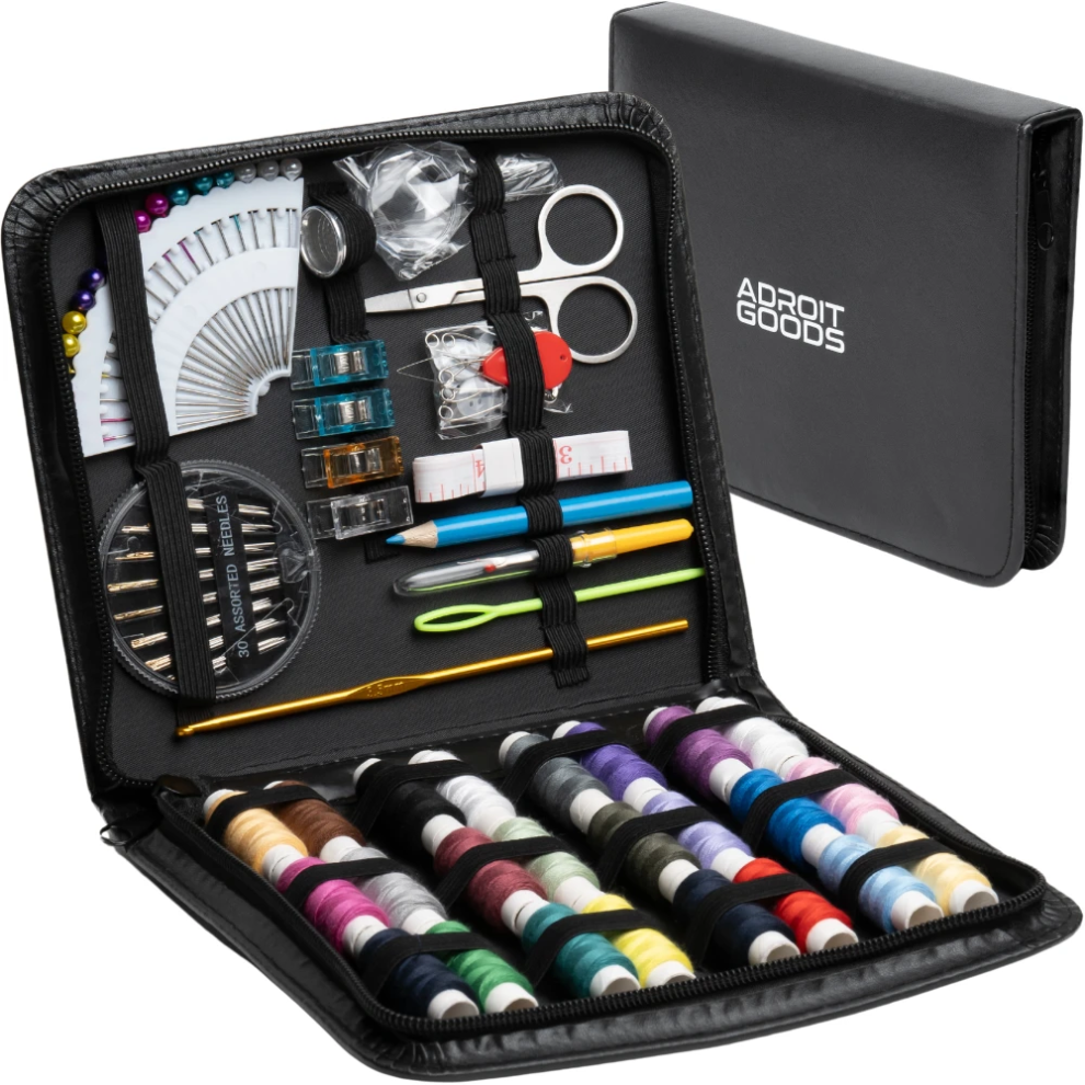 AdroitGoods - 100 Piece Sewing Set - Sewing Kit - with Leather Storage Case