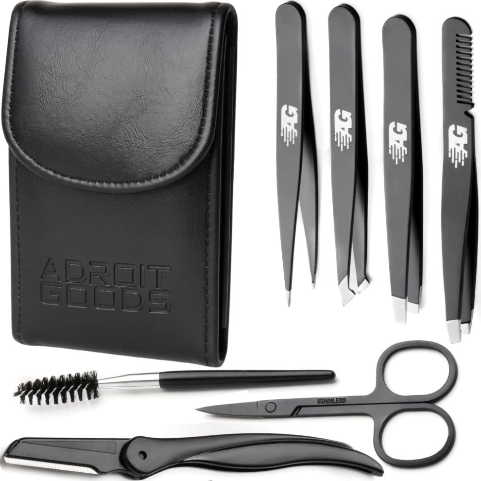 AdroitGoods 7 Piece Eyebrow Grooming Set - Stainless Steel - with Leather Case