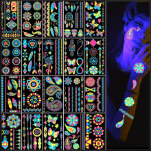 Neon Temporary Tattoos, 20Pcs Glow in the Dark Neon Tattoos, Flash UV Neon Fake Waterproof Tattoo Stickers for Women Girl