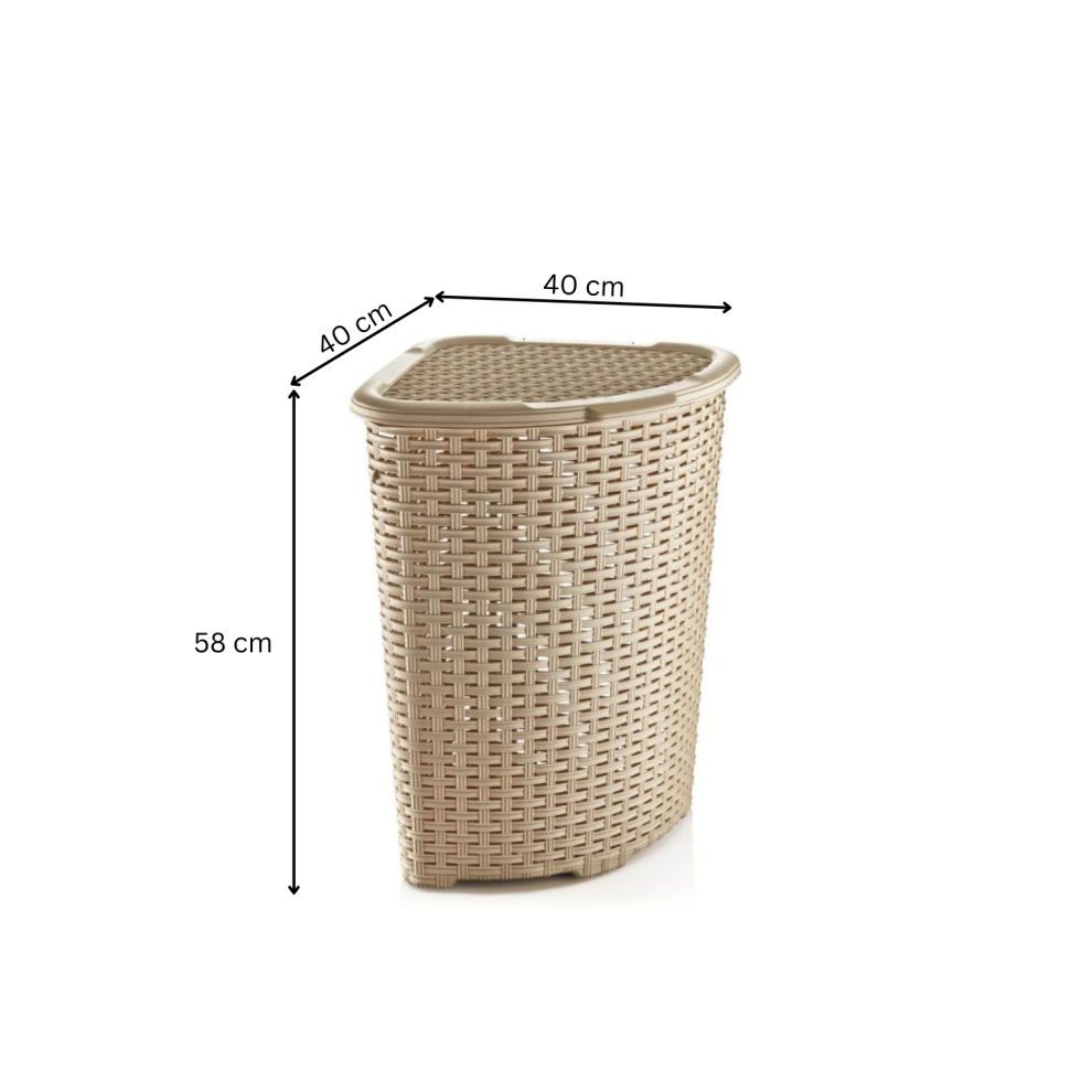 (Beige) Rattan Laundry Basket with Lid Corner Triangle 52L