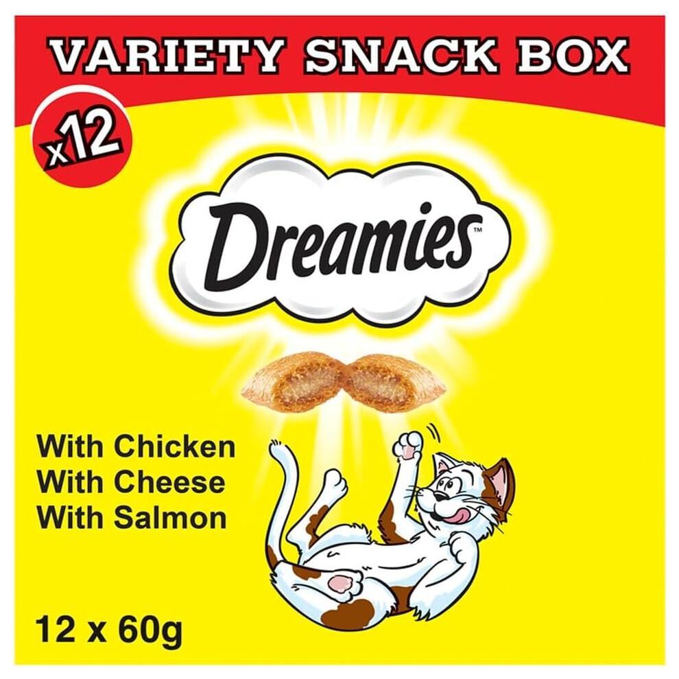 Dreamies Cat Treats Variety Pack, snacks with chicken, salmon flavour and cheese, Pack of 12 (12 x 60 g)