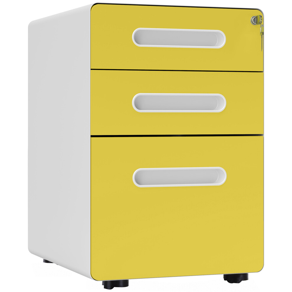 Vinsetto 3 Drawer Modern Steel Filing Cabinet w/ 4 Wheels Lock Box Yellow