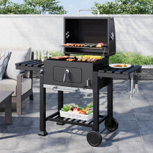 138cm Wide Charcoal BBQ Grill with Side Shelves - Adjustable Charcoal Tray, Temperature Gauge, Enamel Grates & Warming Rack