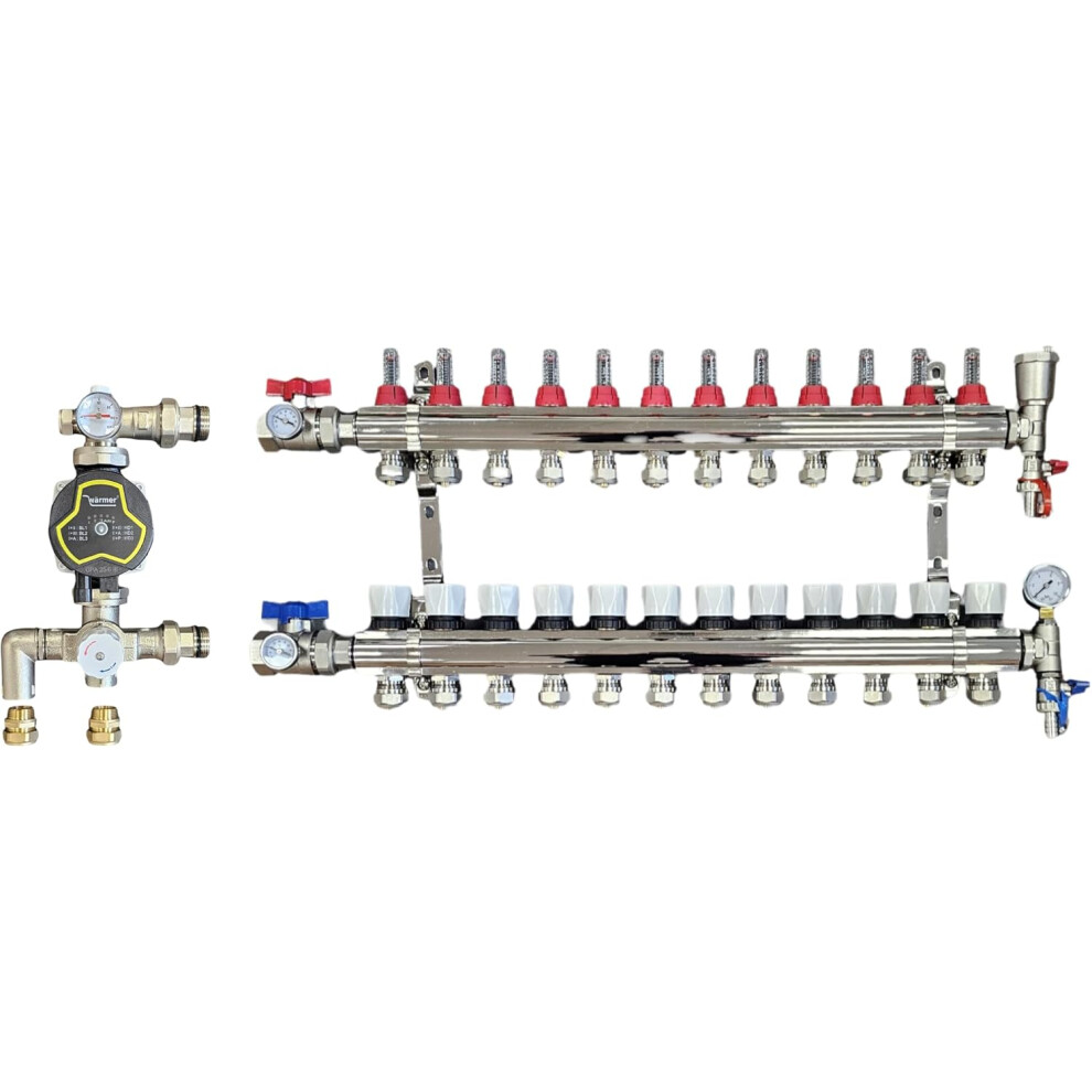 (12 PORT) Wärmer System  Underfloor Heating Manifold with 'A' Rated Auto Pump GPA25-6 III and Blending Valve Set