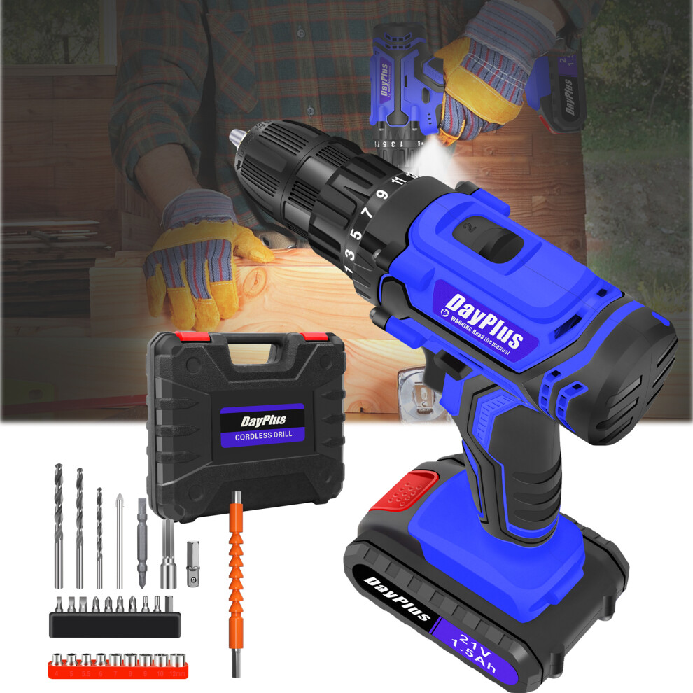 (with 2 Batteries) Electric Cordless Drill Set & Screwdriver 21V 45N.m 25+1 Torque with Li-ion Battery Quick-Release Drill Chuck, 2-Speed,27 Bits in Case