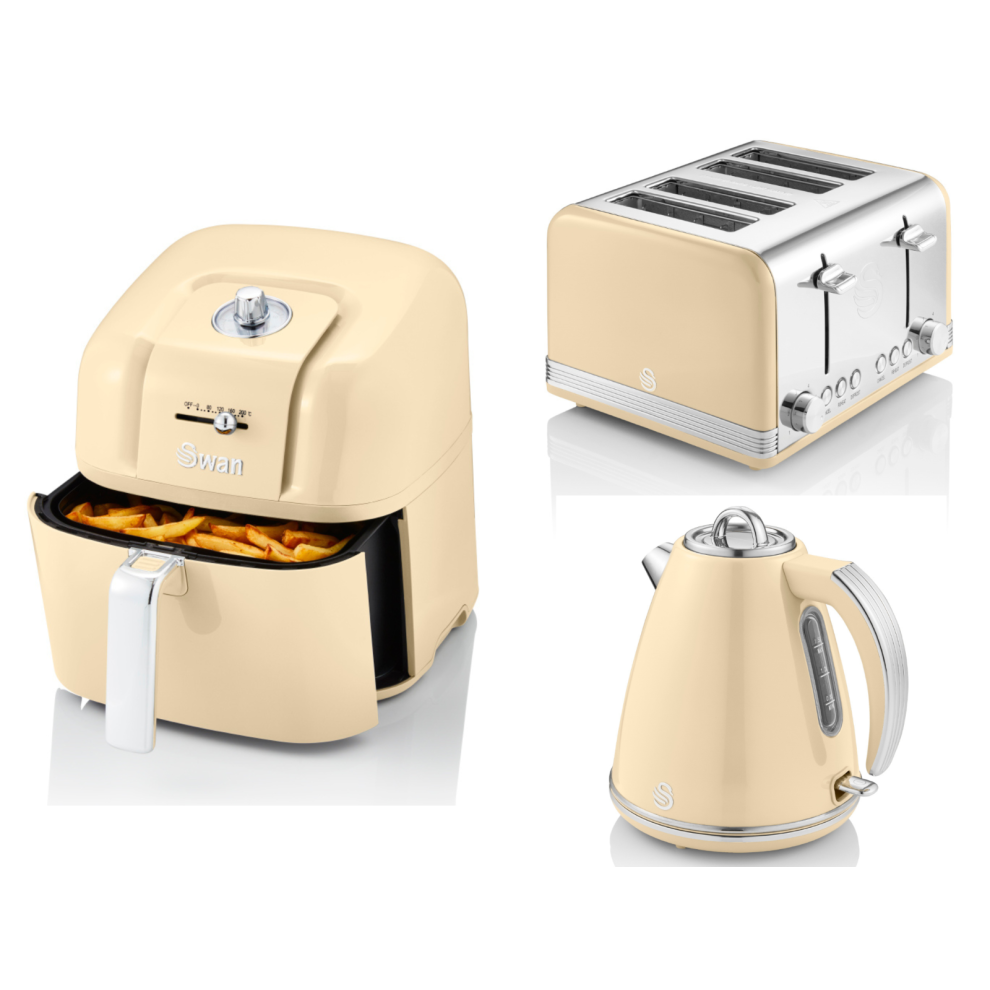 Swan Retro Cream 1.5L Jug Kettle, Toaster & 6L Digital Air Fryer Set