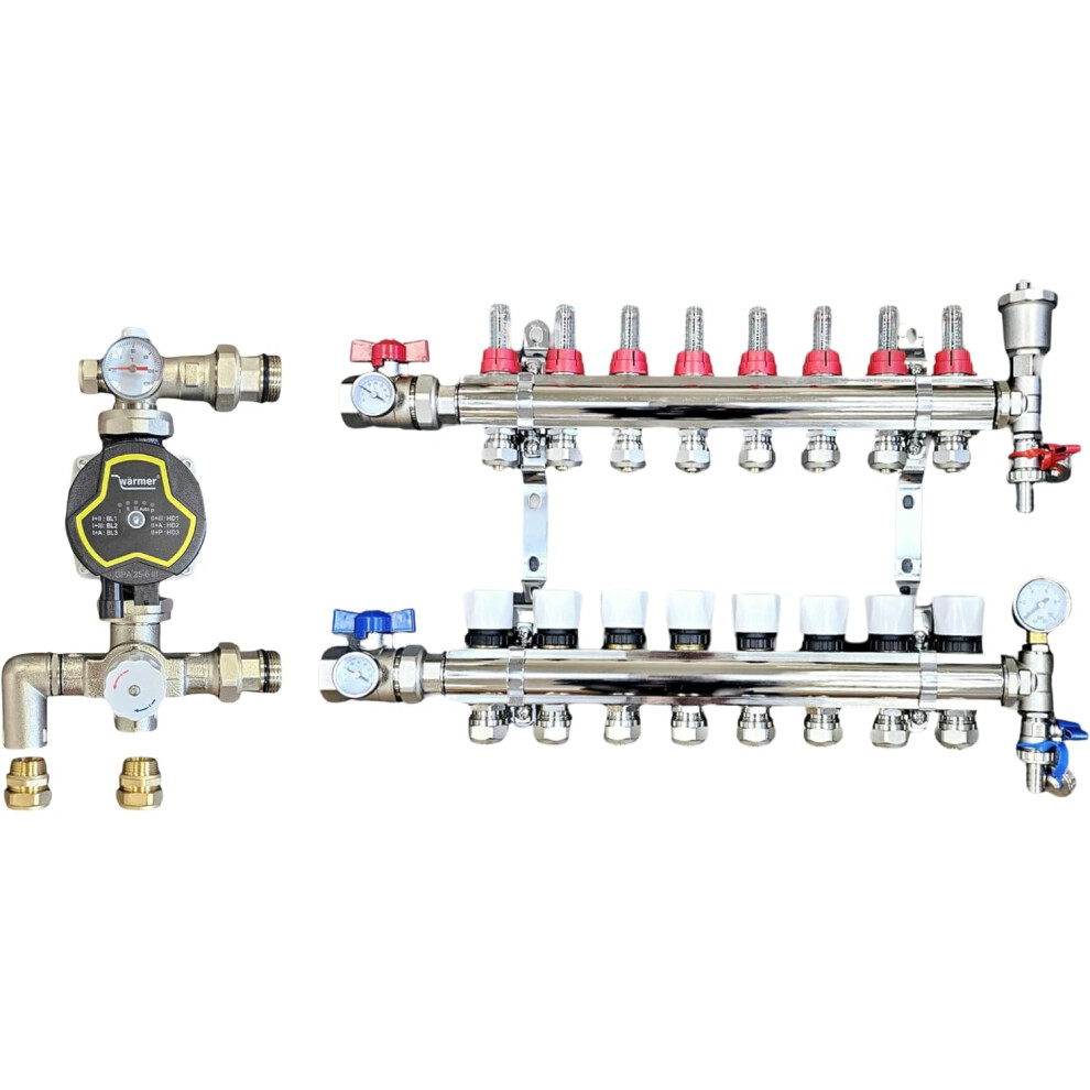 (8 PORT) WÃ¤rmer System  Underfloor Heating Manifold with 'A' Rated Auto Pump GPA25-6 III and Blending Valve Set