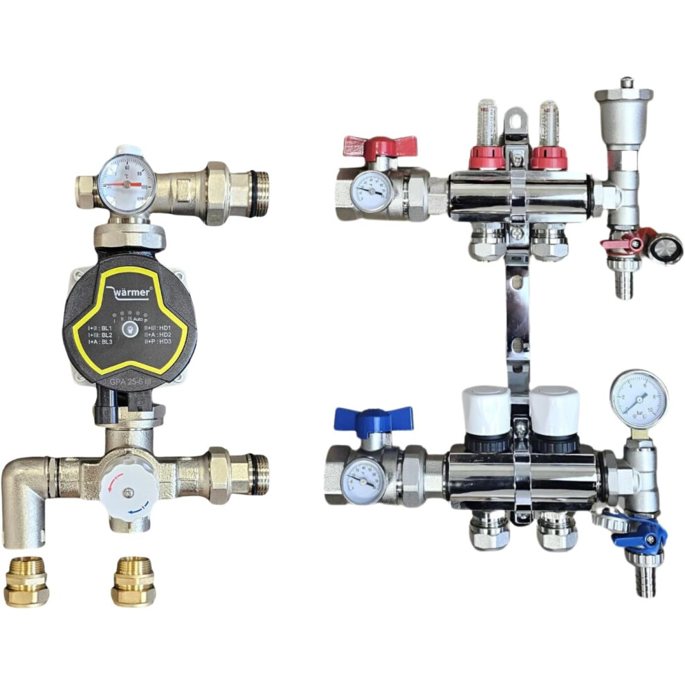 (2 PORT) Wärmer System  Underfloor Heating Manifold with 'A' Rated Auto Pump GPA25-6 III and Blending Valve Set