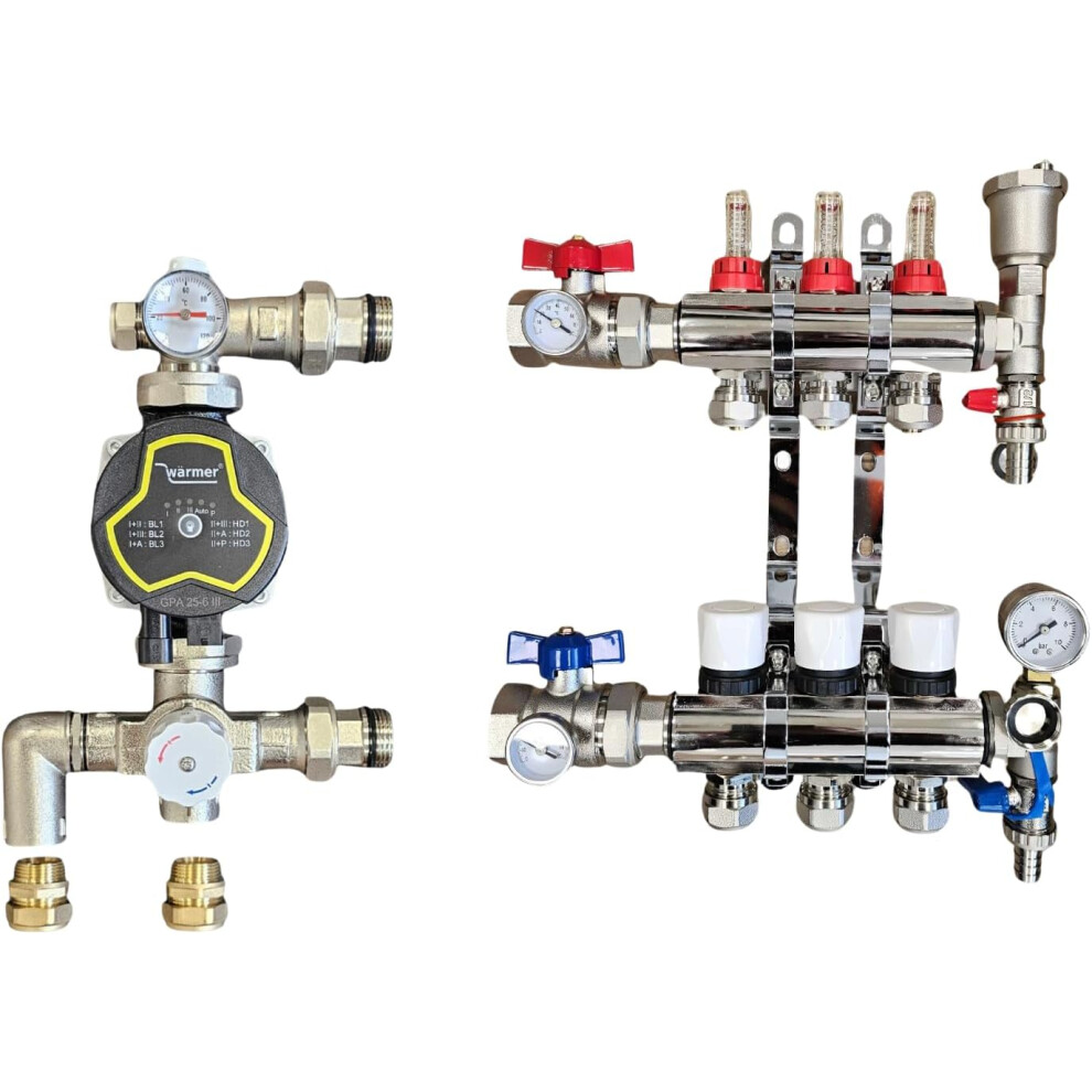 (3 PORT) WÃ¤rmer System  Underfloor Heating Manifold with 'A' Rated Auto Pump GPA25-6 III and Blending Valve Set