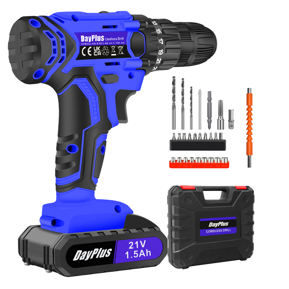 (with 2 Batteries) 21V Cordless Electric Drill Kit 1500mAh LI-Ion Battery 45N.m 2-Speed 25+1 Torque Setting Speed with LED Light, Screwdriver, Drill Bits, Carry Box