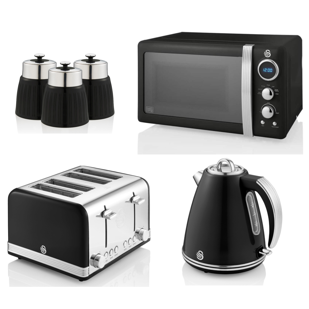 Swan Retro Black Jug Kettle 4 Slice Toaster Microwave & Canisters Set