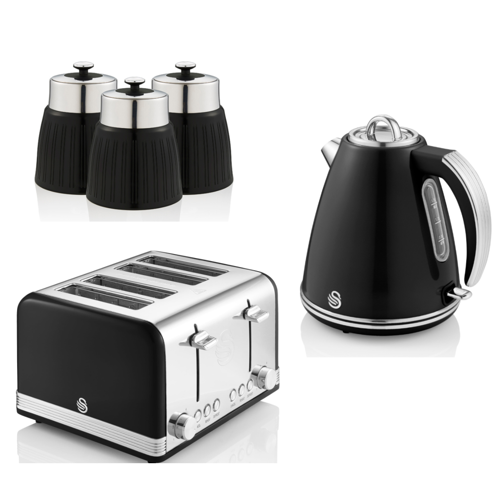 Swan Retro Black Jug Kettle 4 Slice Toaster & Canisters Kitchen Set