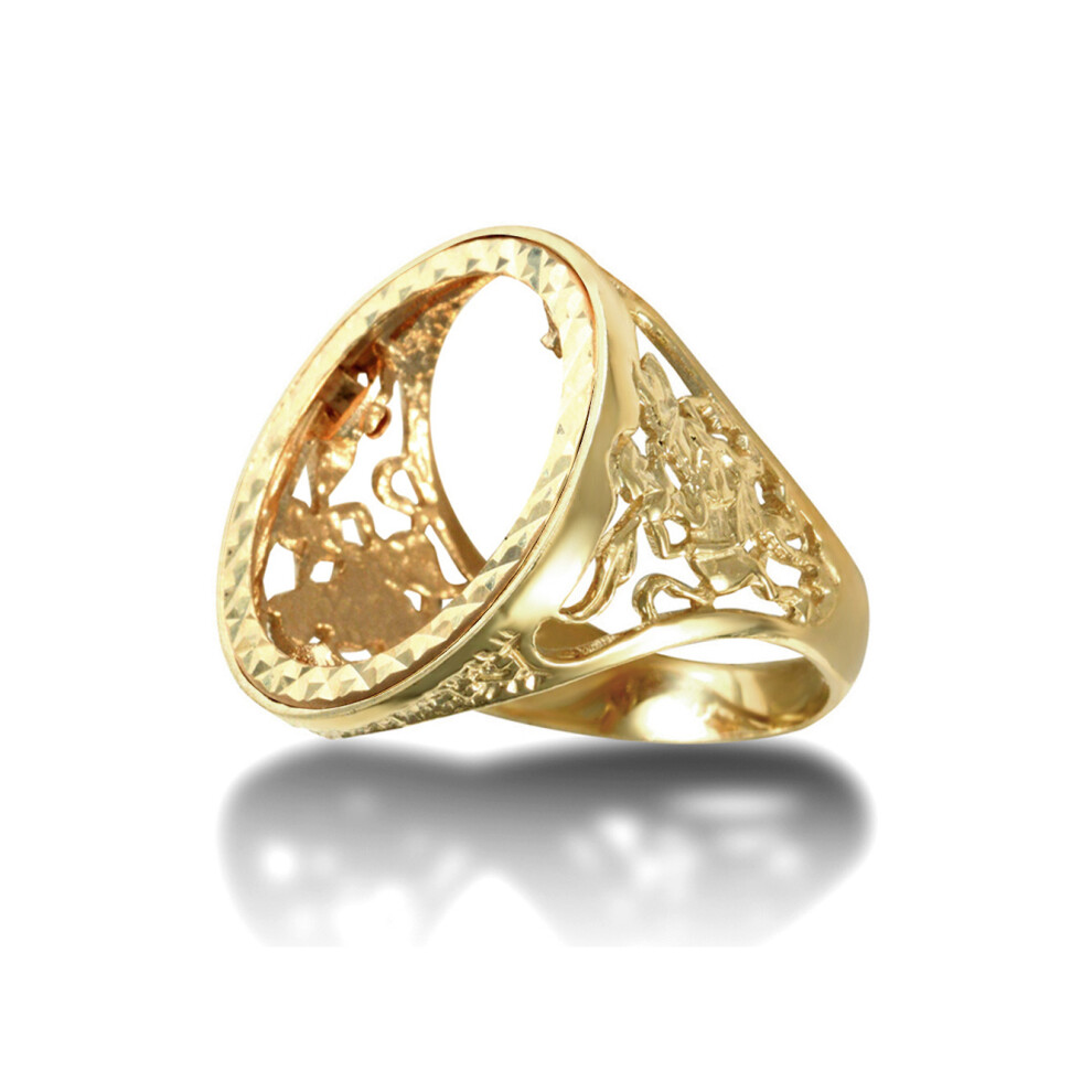 (R) Jewelco London Men's Solid 9ct Yellow Gold St George Dragon Slayer Full Sovereign Mount Ring - JRN175-F