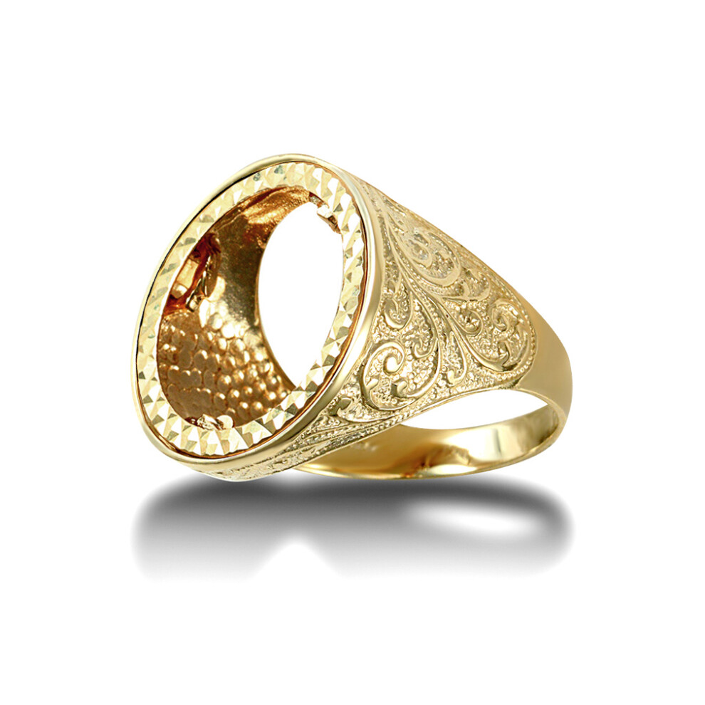 (P) Jewelco London Men's Solid 9ct Yellow Gold Floral Engraved Half Sovereign Mount Ring - JRN185-H