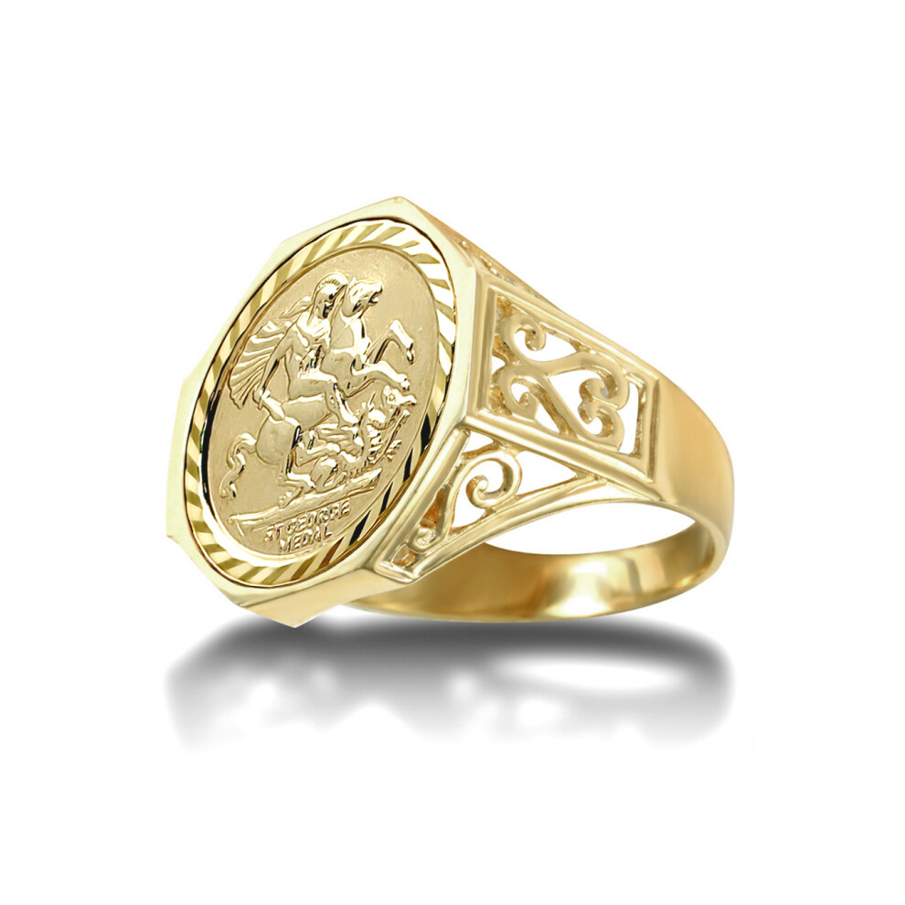 (V) Jewelco London Men's Solid 9ct Yellow Gold St George Dragon Slayer Octagon Half-Sovereign-Size Ring - JRN167