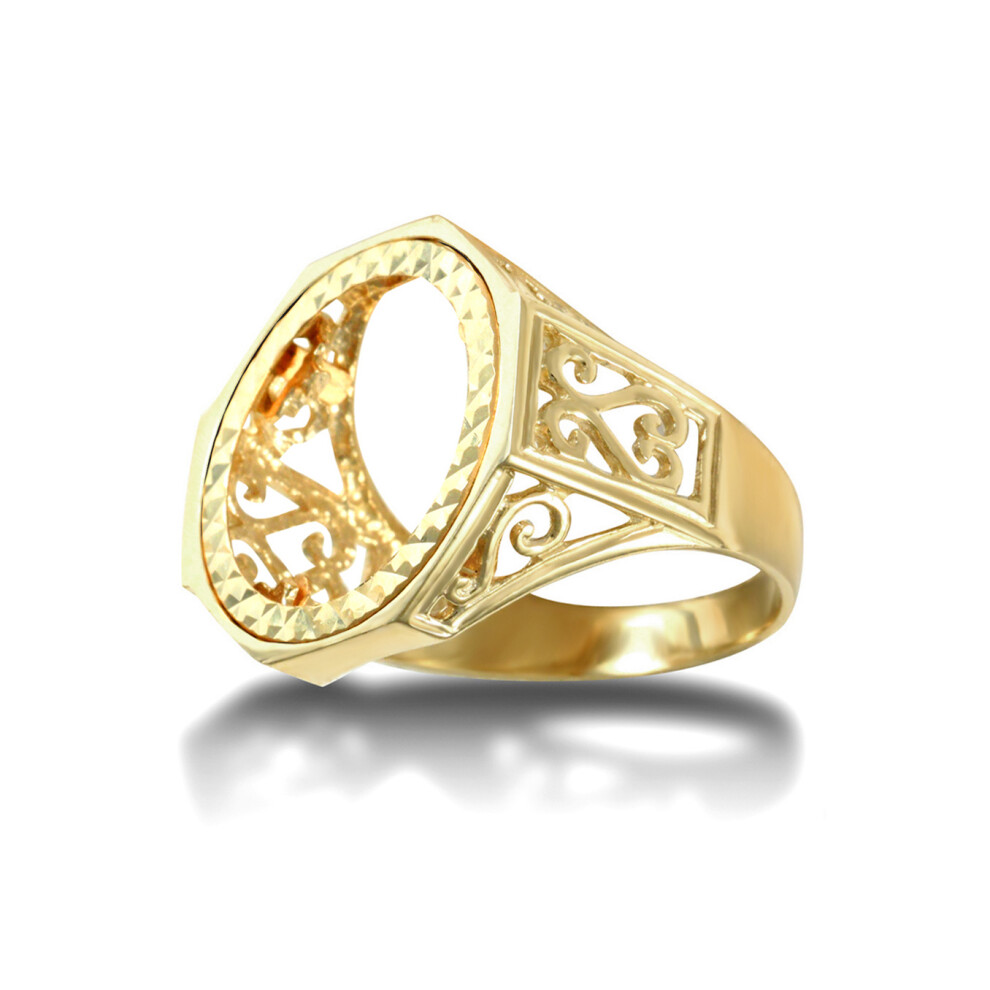 (L) Jewelco London Men's Solid 9ct Yellow Gold Octagon Scroll Half Sovereign Mount Ring - JRN179-H