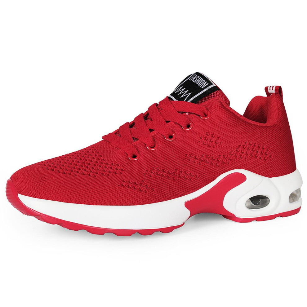 (Red, EU38=Foot Length 24.2cm/9.53in) Ladies Trainers Running Shoes Lace Up Flat Comfy Mesh Breathable Fitness Sport