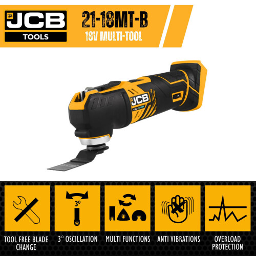 JCB 21-18MT-B (BARE UNIT) JCB 18V Cordless Multi-Tool, 2-5.0AH Li-Ion Battery Options, Quick Change Blade 1
