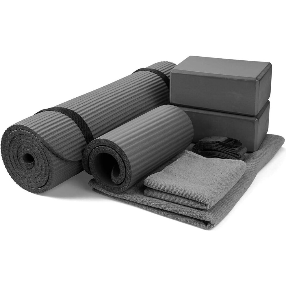 BalanceFrom GoYoga unisex adult 7 Piece Set Include Yoga Mat with Carrying Strap 2 Yoga Blocks Yoga Hand Towel Gray 1 2 Thick Mat on OnBuy