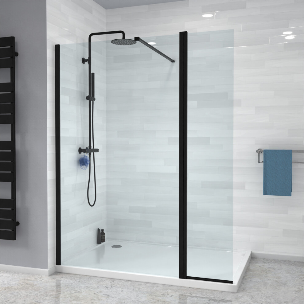 Nes Home Wet Room 1200 Shower 8Mm Tempered Glass Screen With 300Mm Flipper Panel Black