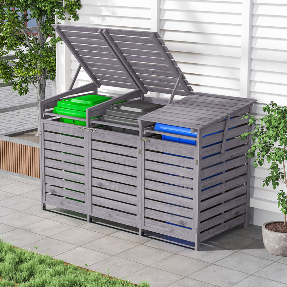 Grey Wheelie Bin Storage Triple Fir Wooden Store Outdoor Garden Dustbin Shed Cupboard