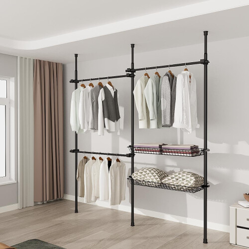 House of Home Telescopic Wardrobe Double Clothes Rail with Basket