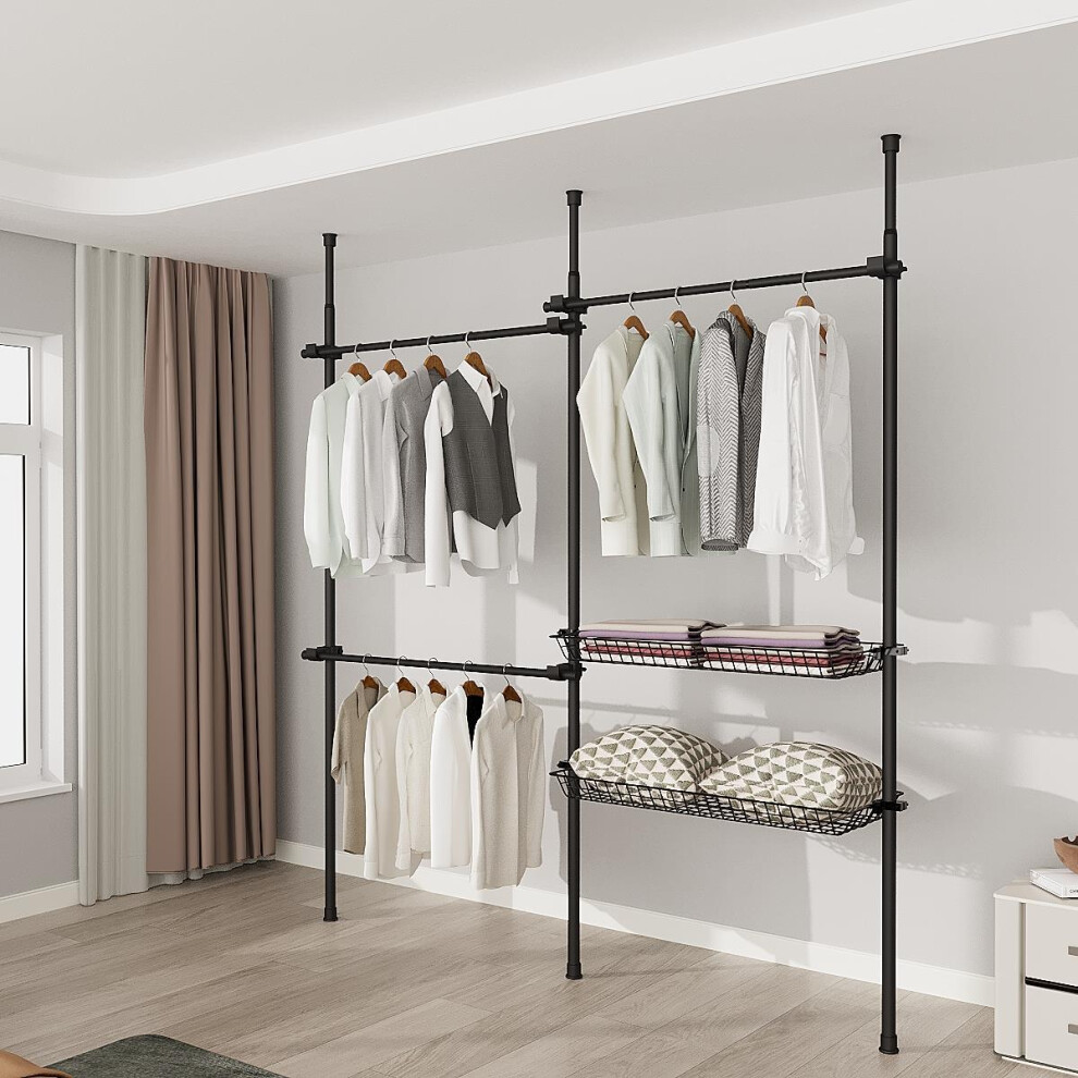 Telescopic Wardrobe Organiser Double Black Rail Clothes Rack Baskets Storage