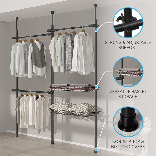 House of Home Telescopic Wardrobe Double Clothes Rail with Basket 2